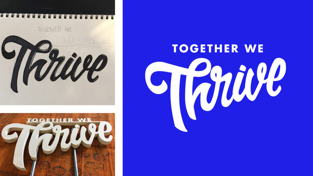 Together We Thrive hand drawn logo, sketch, and wooden sign