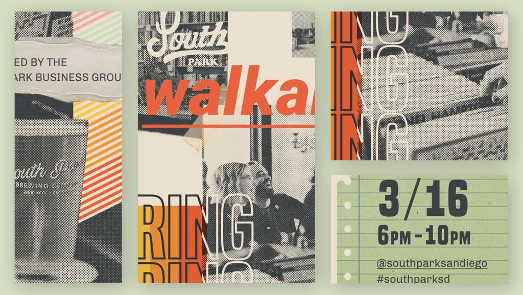 Closeups of Walkabout poster showing rough textures and paper samples used in collage