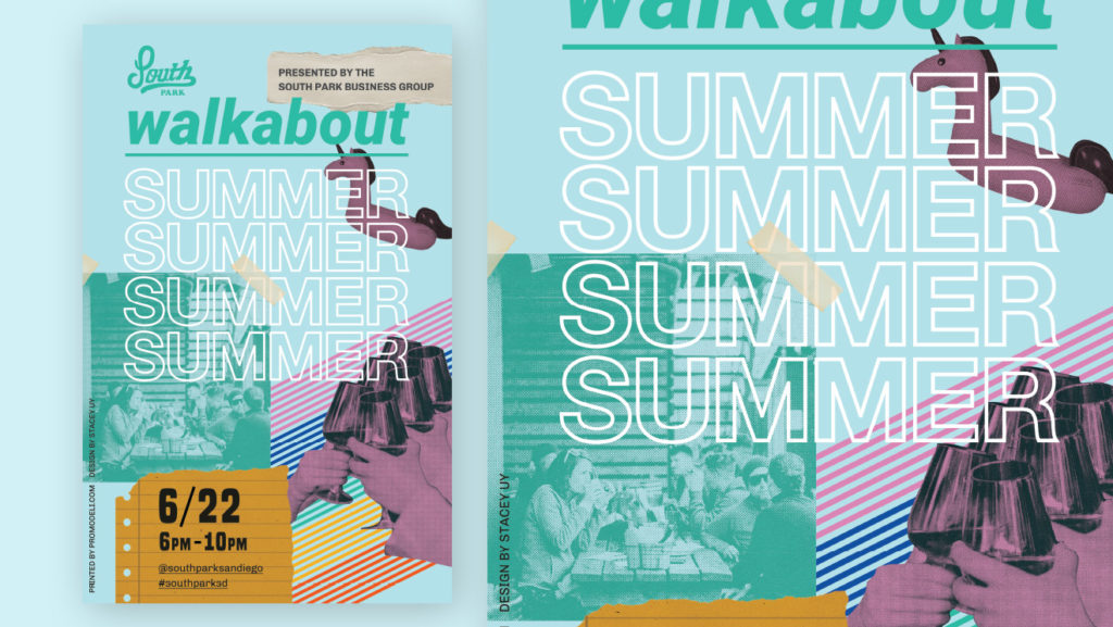 Summer walkabout poster with teal color palette and summer photos