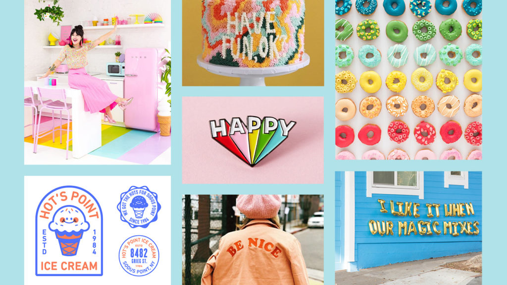 Mood board showing woman in pastel rainbow kitchen, cake with multi color frosting, woman wearing jacket with words "be nice" on the back, rainbow colored donuts