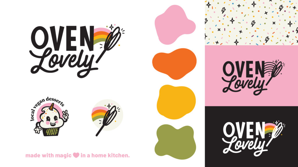 Logo with black bold lettering and rainbow whisk magic wand, cupcake mascot with unicorn horn, pink, orange, yellow, and green color palette, sprinkle pattern