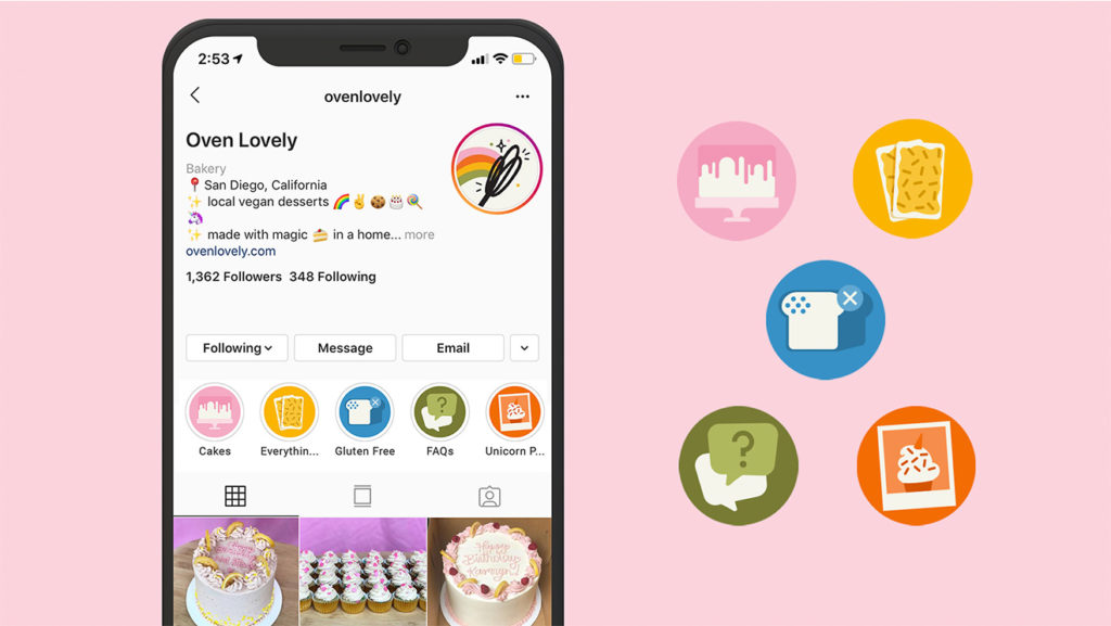 Instagram highlights illustrations for 3 menus, FAQs, and Customer photos