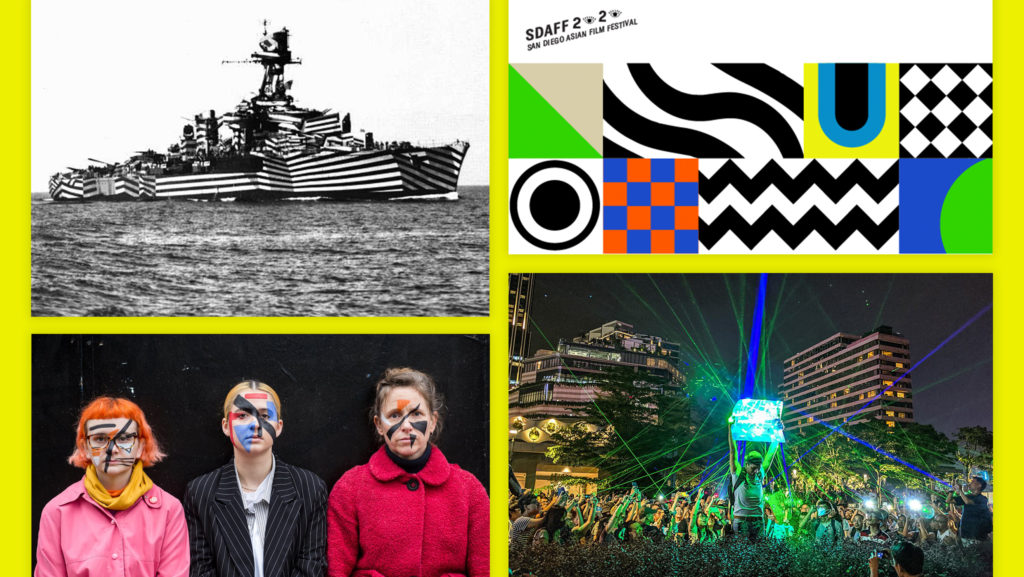 Collage of brand vision board featuring a battleship covered in striped patterns, a photo of a young protestor in Hong Kong with laser pointers directed toward him, photo of people with anti-surveillance makeup and the website header for SDAFF 2020