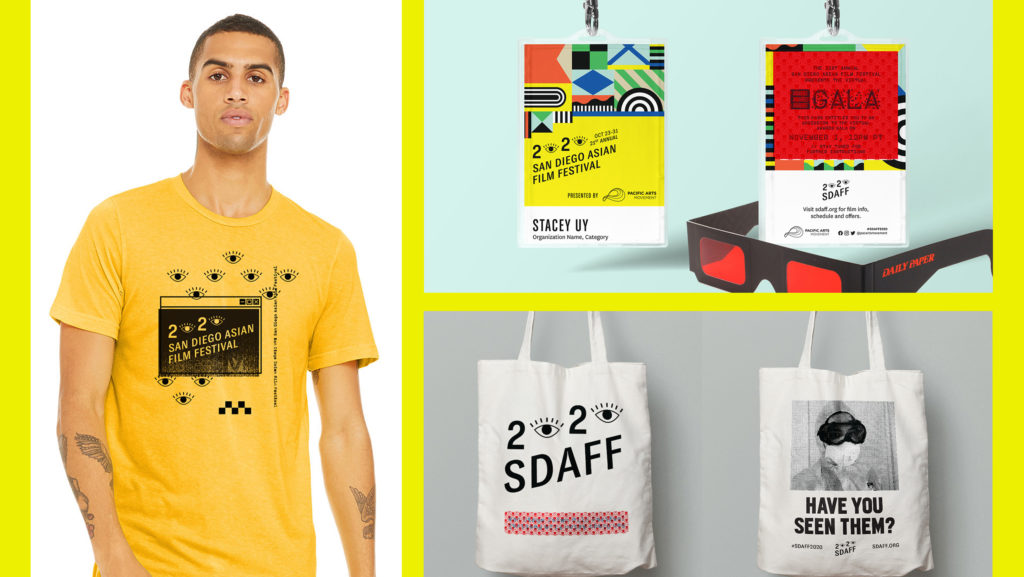 Collage of merchandise photos featuring a yellow shirt with SDAFF branding, badges with secret decoder glasses, and two tote designs featuring secret decoder message.